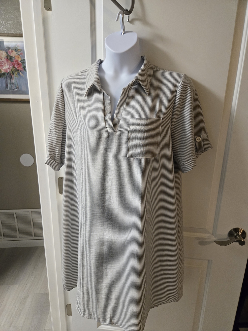 Grey & White Striped Loose Fit Collared Shirt Dress Beach Wear